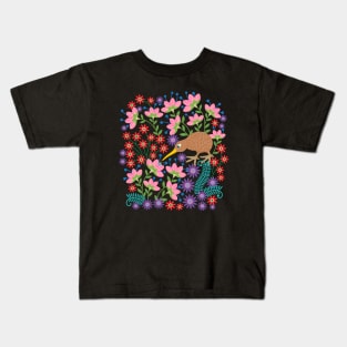 OKARITO KIWI BIRD New Zealand Cute Flightless Birdy Wildlife Nature Comeback Species with Bug and Flowers in Bright Multi-Colours - UnBlink Studio by Jackie Tahara Kids T-Shirt